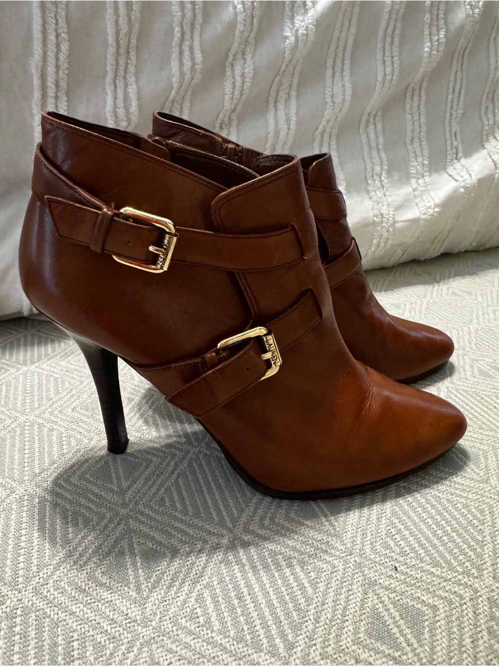 Lauren Ralph Lauren Brown Leather High-Heel Ankle Booties with Gold Buckles